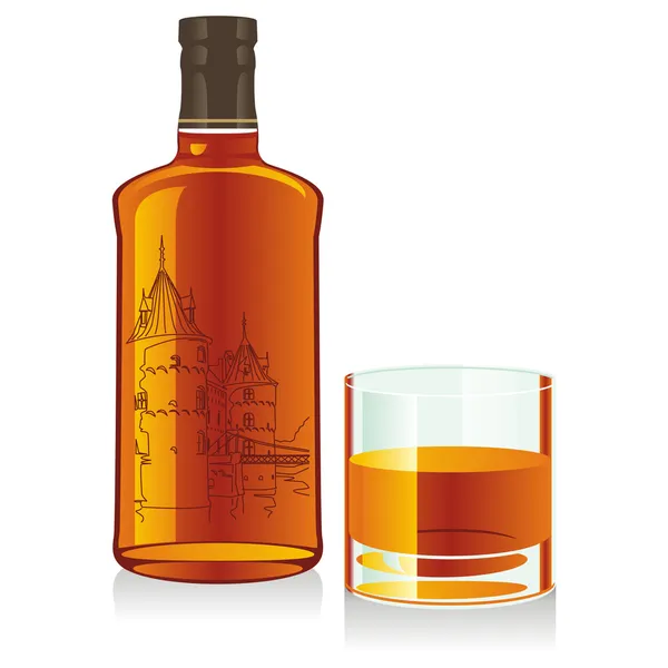 孤立的威士忌酒瓶和玻璃 — 图库矢量图片