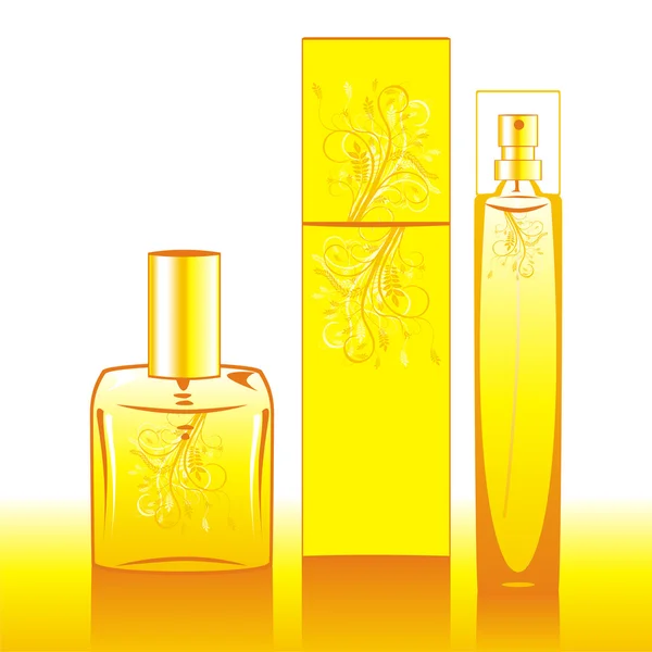 Frascos de perfume aislados en amarillo — Archivo Imágenes Vectoriales
