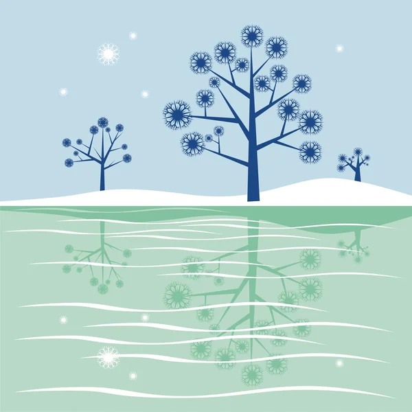 Mavi ağaçlar donmuş gölde yansıtan — Stok Vektör