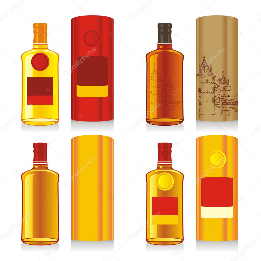 Isolated whiskey bottles and boxes