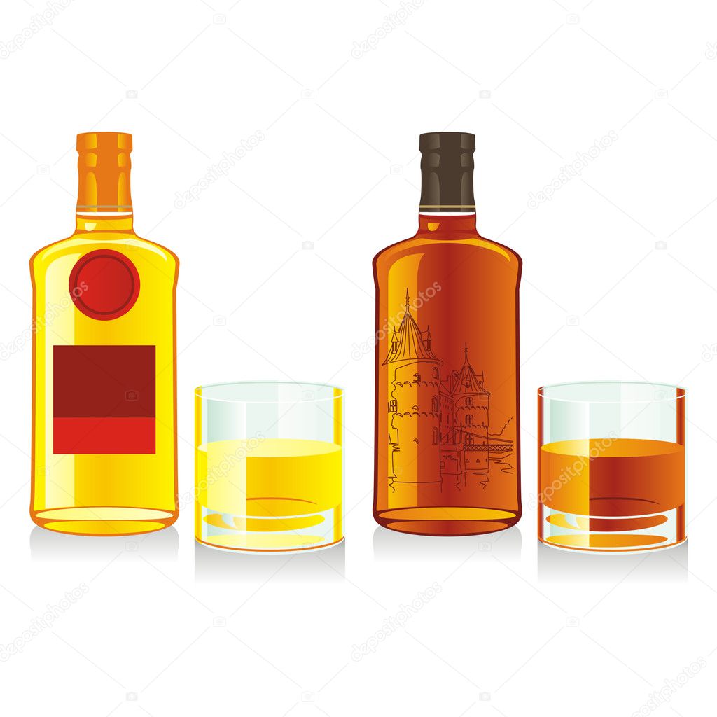 Isolated whiskey bottles and glasses