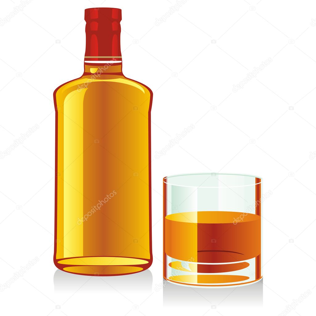 Isolated whiskey bottle and glass