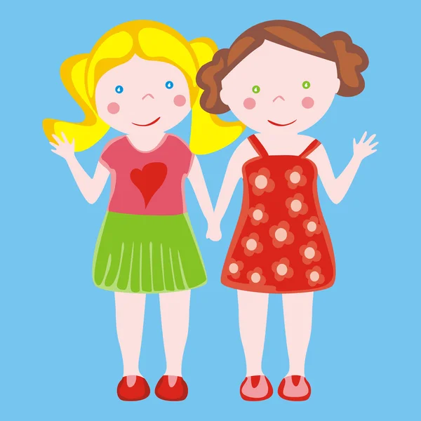 手を振っている二人の少女のイラスト — ストックベクタ