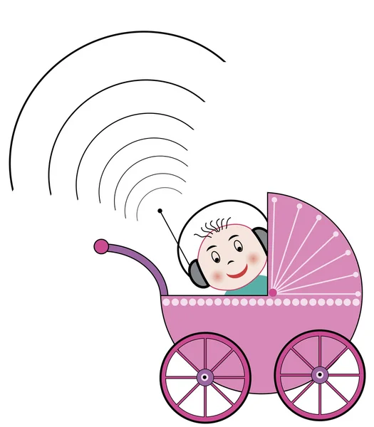 Bebé en buggy con auriculares — Vector de stock