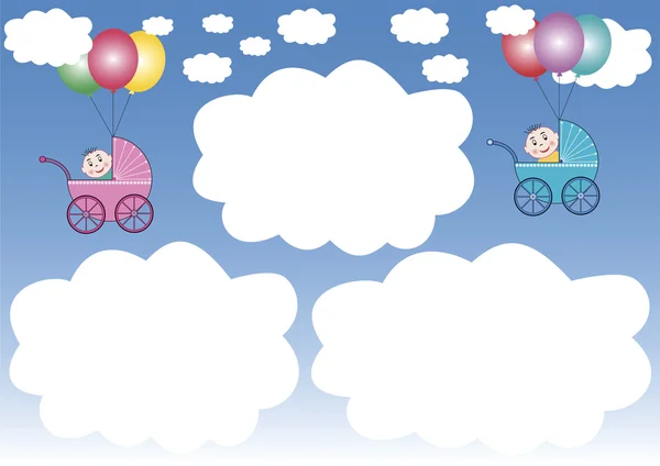 Дитячі баггі на кульці та білих хмарах — стоковий вектор