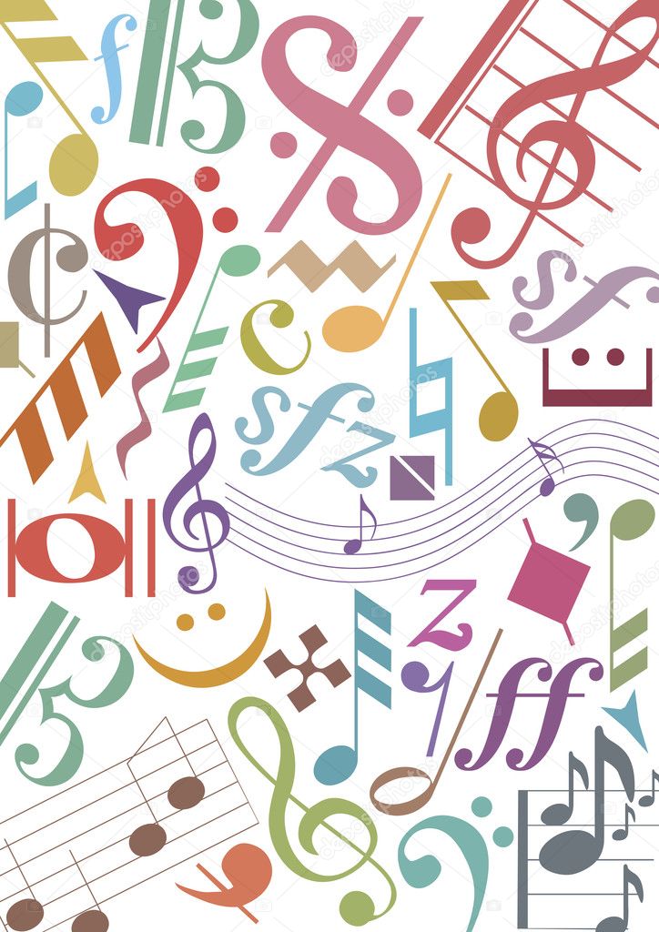 Colored music notes and signs