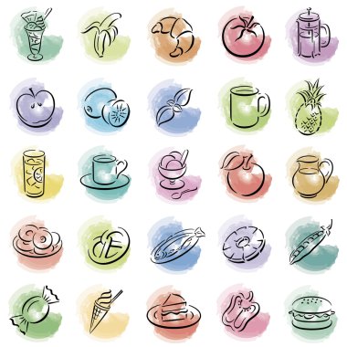 Colored splotches with food symbols clipart