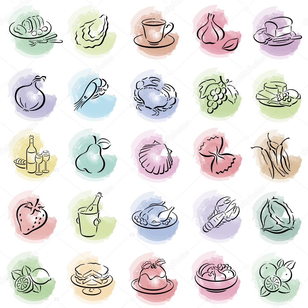 Colored splotches with food symbols