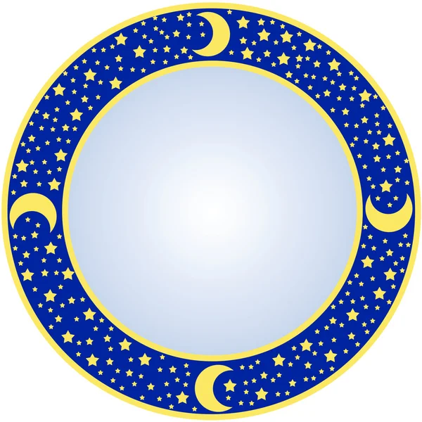 Okrągłe niebieskie obramowanie z złote gwiazdki i księżyce — Wektor stockowy
