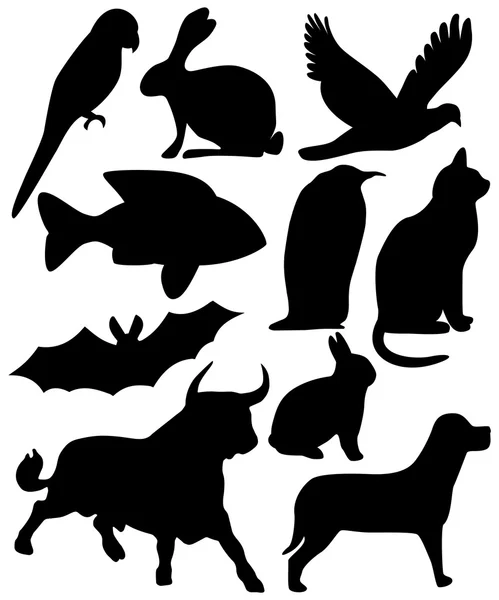 Kilenc állatok fekete sziluettek — Stock Vector