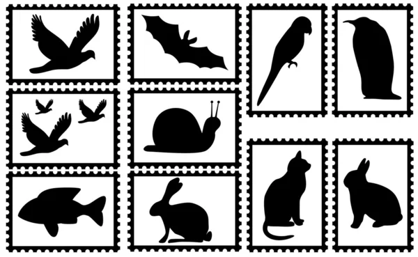 Briefmarken mit tierischen Silhouetten — Stockvektor