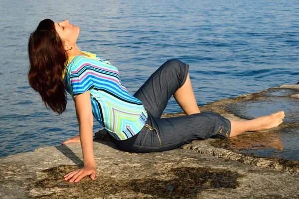 stock image Girl on pier by sea