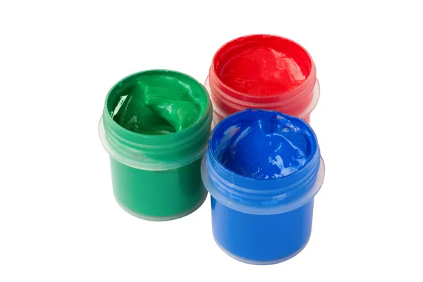 Tres frascos RGB con gouache de color — Foto de Stock