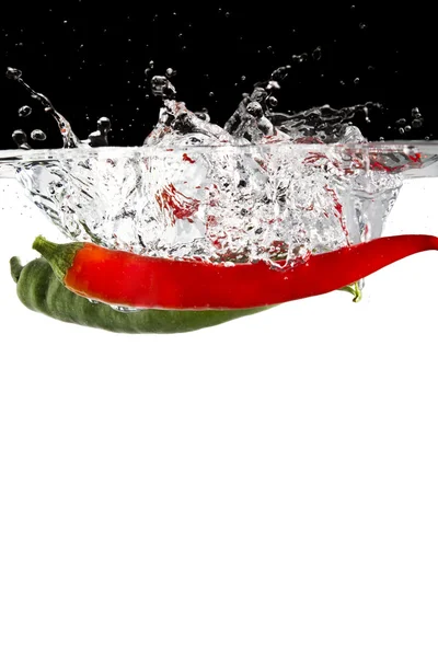 Grøn og rød chili i vand - Stock-foto