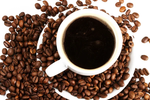 Xícara de café com café e feijão — Fotografia de Stock