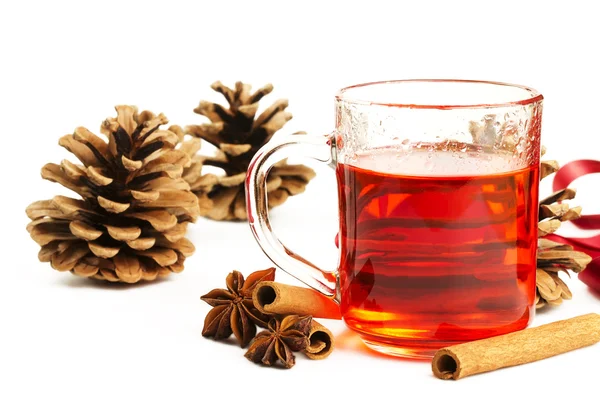Красный чай с корицей палочки звезды аниса и хвойного конуса — стоковое фото