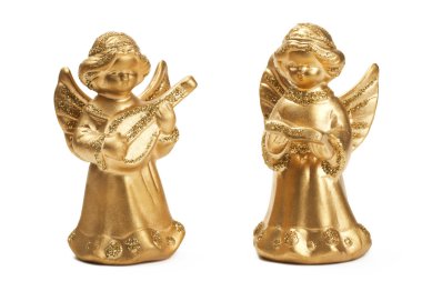 Two golden christmas angel figurines as musicians clipart