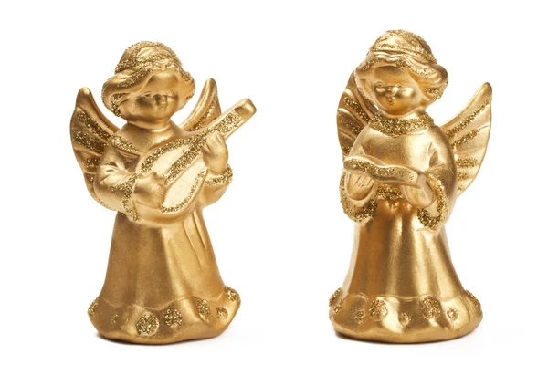 Two golden christmas angel figurines as musicians — Stock Photo, Image