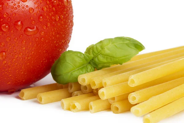 Raw macaroni with tomato and basil closeup — Zdjęcie stockowe