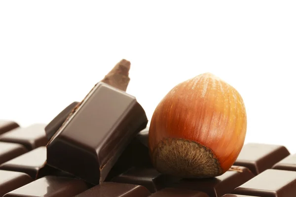 Hazelnut and chocolate pieces on a plain chocolate bar — Stock Photo, Image