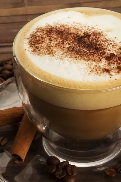 Cappuccino with chocolate powder and cinnamon sticks — Stock Photo, Image
