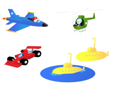 Assorted characters and vehicles clipart