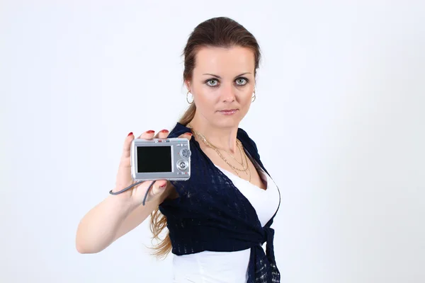 The attractive woman show YOUR photo — Stock Photo, Image