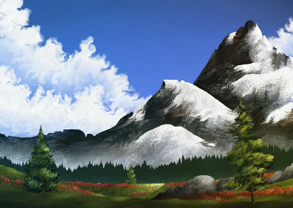Горы с видом на поле цветов — стоковое фото
