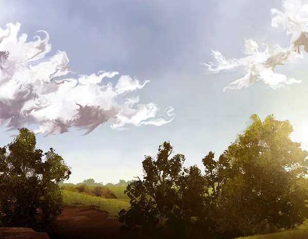 Yemyeşil ağaçlar ve bulutlu gökyüzü — Stok fotoğraf