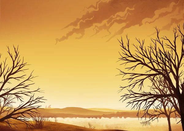 Gyllene himmel över torra kullar — Stockfoto