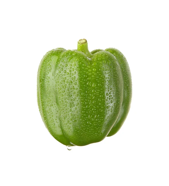 Groene paprika met druppels op wit — Stockfoto