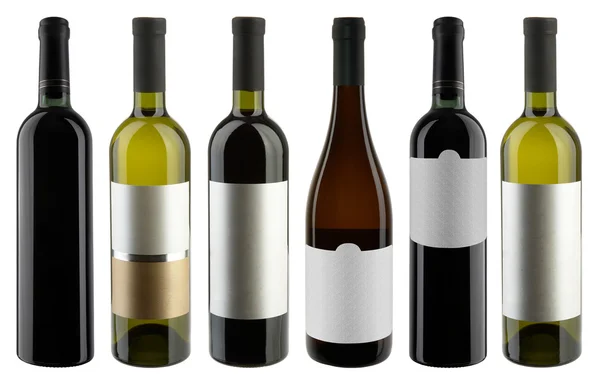 Set de Botellas Vino tinto y blanco en ruta blanca + clipping. Alto. —  Fotos de Stock