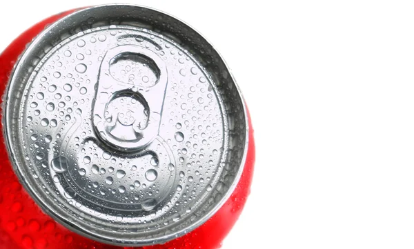 Red aluminum cans closeup with water drops. — Stock Photo, Image