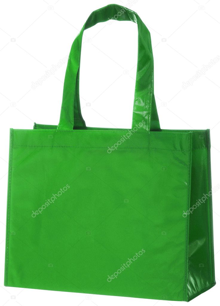 Green, reusable shopping bag isolated on white + clipping path.
