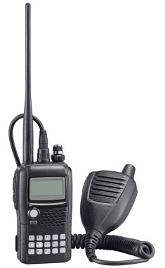 Black walkie talkie on white background. Police portable radio s clipart
