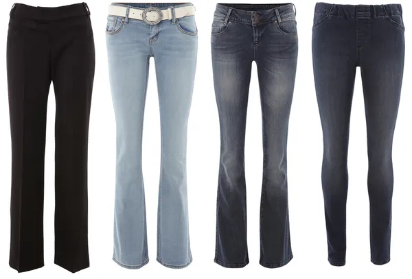Набор женских джинсов брюки изолированы на белом фоне — стоковое фото