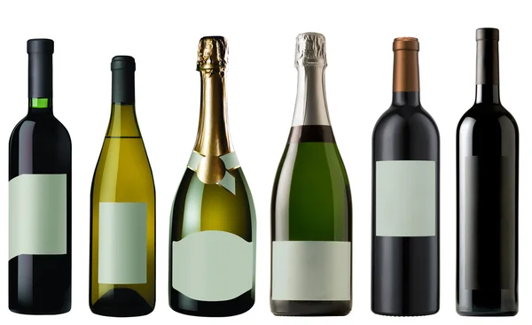 Conjunto de Garrafas de vinho e champanhe isolado em branco + clippin — Fotografia de Stock