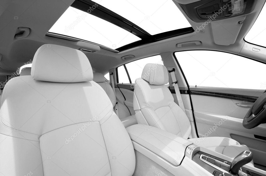 Seats and panarama window in modern white sport car, back view