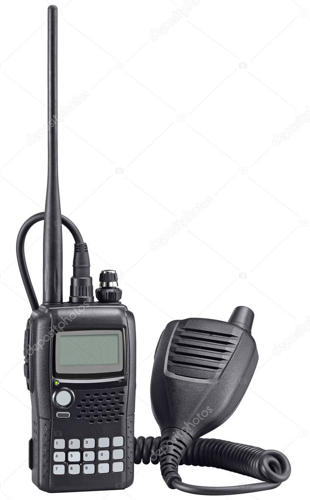 Black walkie talkie on white background. Police portable radio s