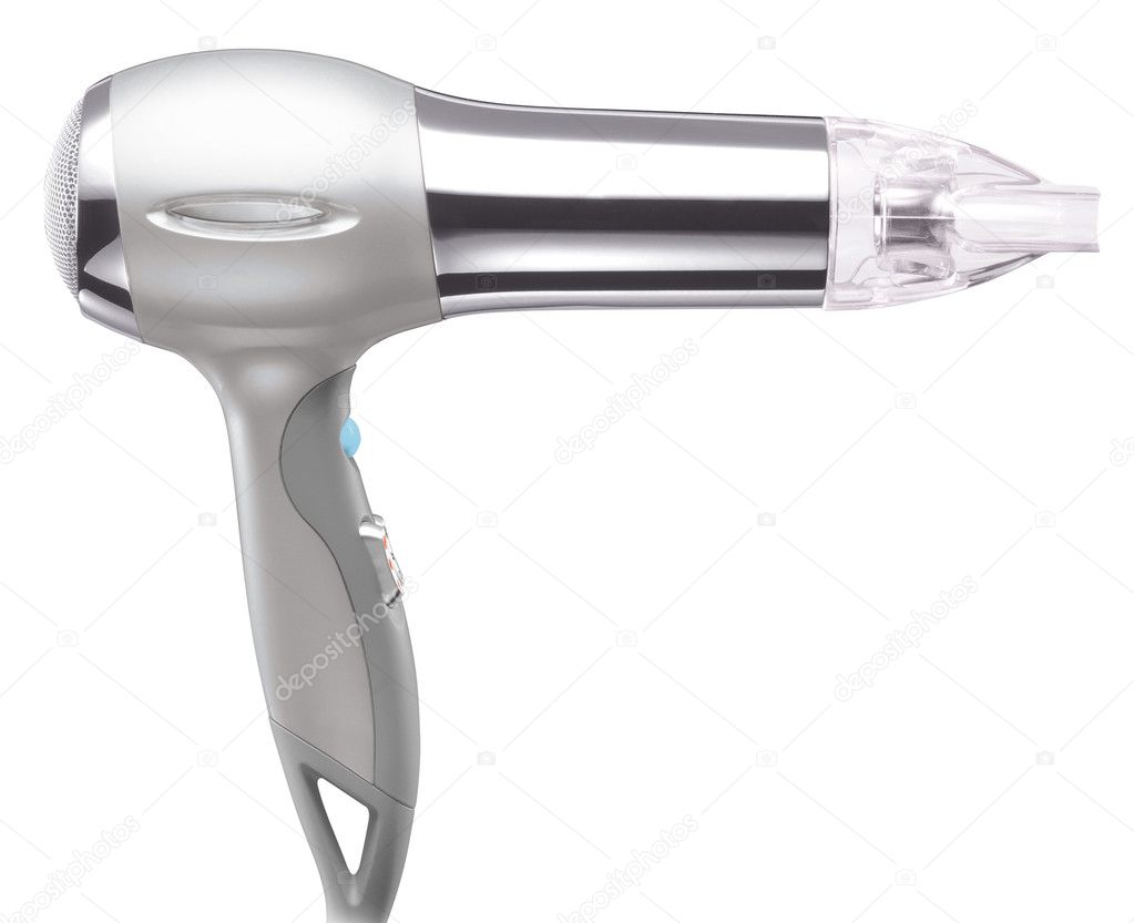 Silver hair dryer isolated on white background