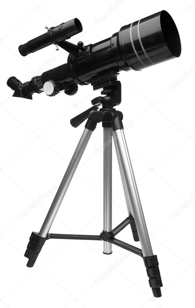 Detail of an isolated telescope on tripod (white background).