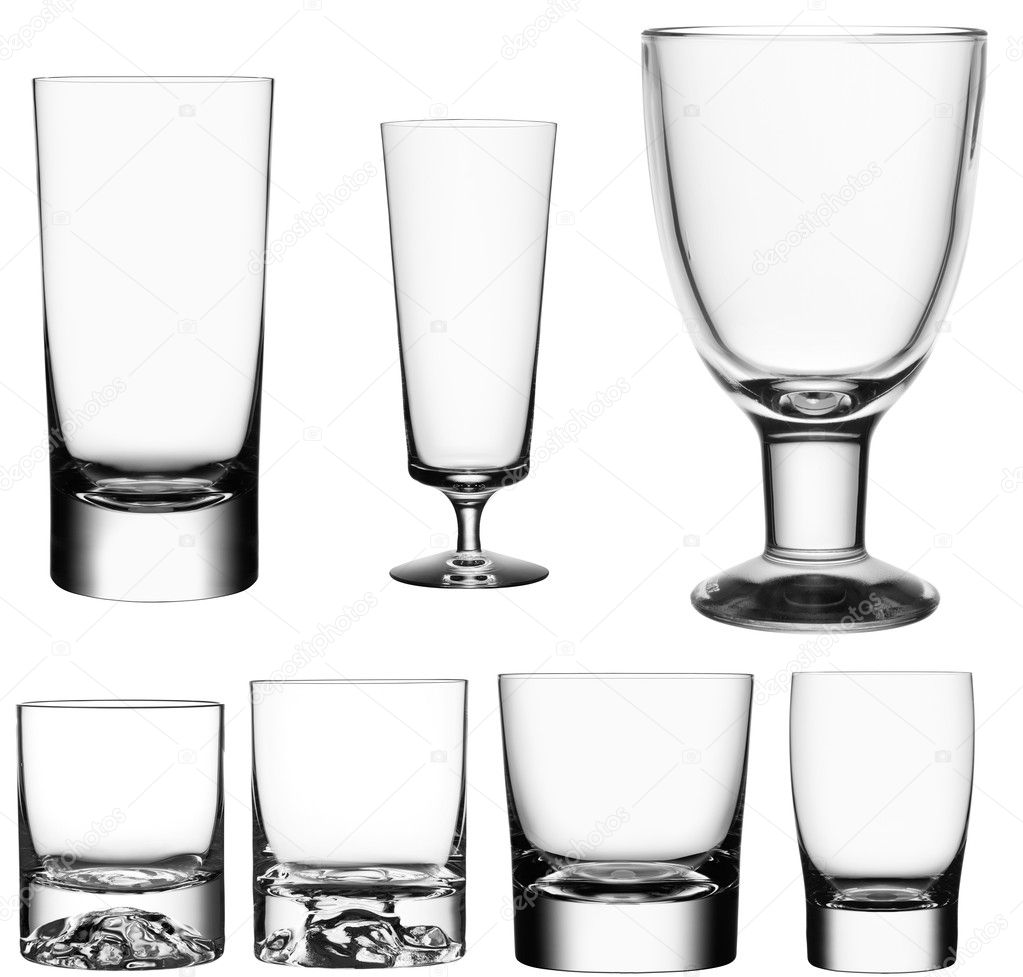 Set of empty glasses isolated on white background with clipping