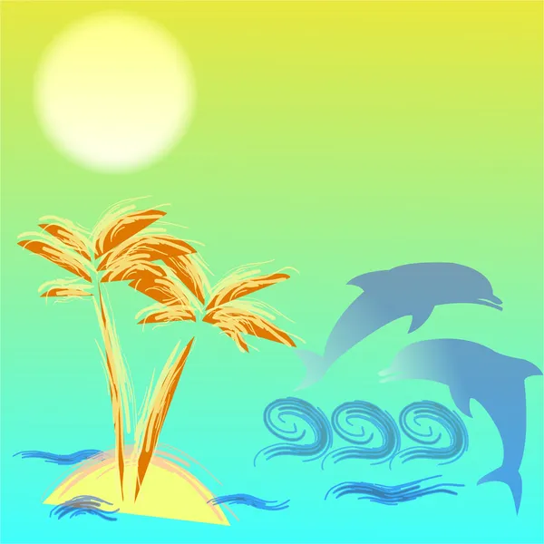 Illustrazione d'arte con palma e delfini — Vettoriale Stock
