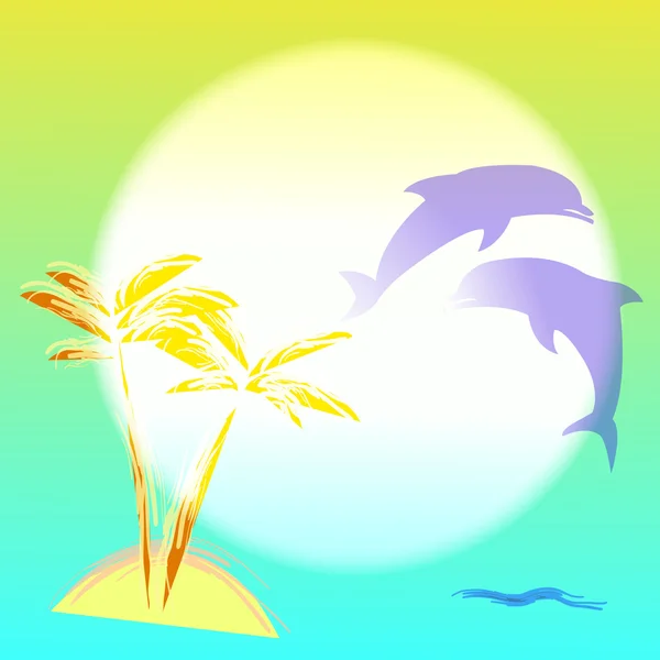 Ilustração de arte com palmtree e golfinhos — Vetor de Stock