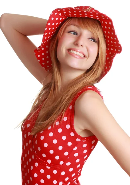 Χαριτωμένο κορίτσι με κόκκινο φόρεμα και καπέλο — Φωτογραφία Αρχείου