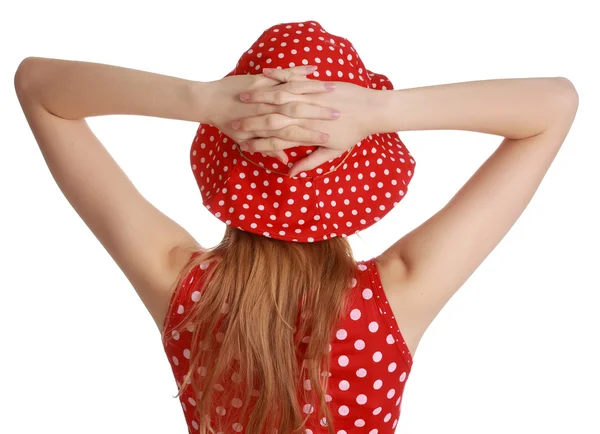 Kırmızı elbise ve şapka ile kız — Stok fotoğraf