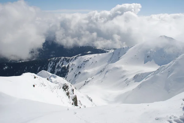 Гірський зимовий схил у хмарах — стокове фото