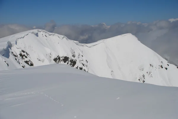Гірський зимовий схил у хмарах . — стокове фото