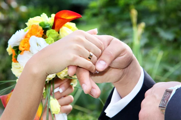 Newlywed couple holding hands — Stock Photo, Image