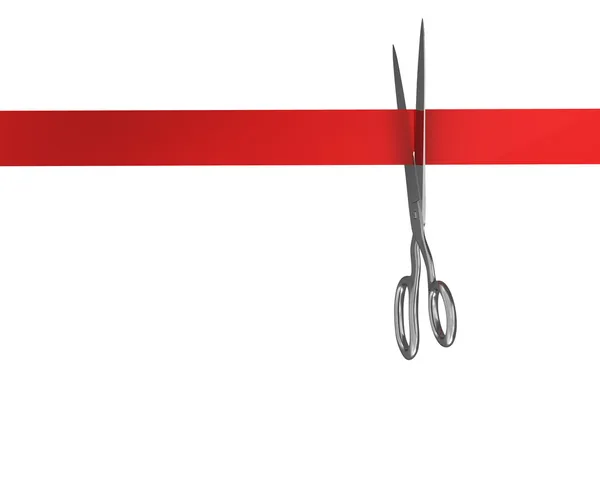 Scissors cut the ribbon top view — Stock Photo, Image